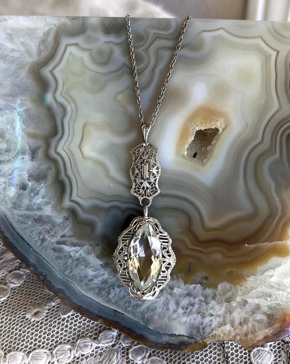Elegant antique Edwardian Belle Epoque Sterling Silver Filigree brilliant faceted Marquee Cut Paste Stone accented Lavaliere Necklace