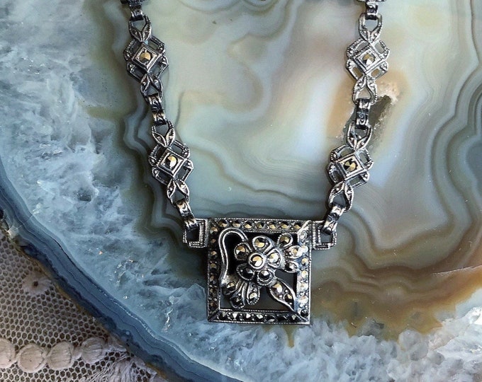 Antique Art Deco 1920s-30s Sterling Silver faceted Marcasite accented signed ornate Petite Necklace