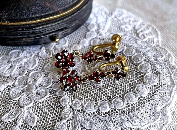 German Bohemian Revival 900 Silver Gold Rolled Rose Cut Garnet Screw Back Drop Earrings