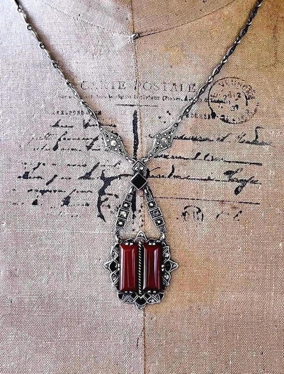 Antique Art Deco 935 Silver Carnelian Chalcedony faceted Marcasite Enamel accented hallmarked Lavaliere Necklace