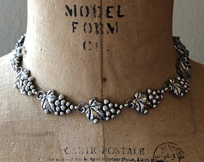 Unique vintage 1940s Danecraft Sterling Silver Repousse Grape Motif elegant stamped Choker Necklace