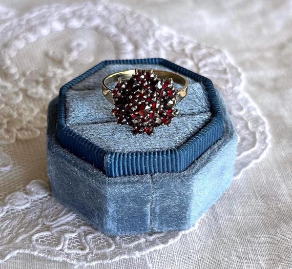 Antique Hugo Grun Denmark 830 Silver Gold Rolled Bohemian Rose Cut Garnet Cluster Ring
