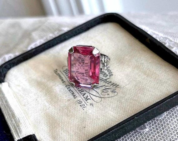 Brilliant vintage 1930s Art Deco Sterling Silver beautiful faceted Rose Pink Paste Stone accented gorgeous size 5.5 hallmarked Cocktail Ring
