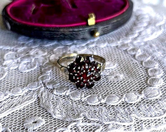 Vintage Rose Cut Garnet Cluster Ring: 830 German Silver Gilt, Size 6.5