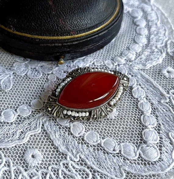 Antique German Art Deco Sterling Silver luminous Carnelian Chalcedony genuine Seed Pearl and faceted Marcasite accented Heirloom Brooch