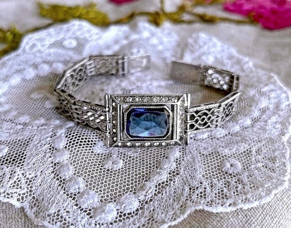 Wells Vintage Art Deco Sterling Silver Sapphire Blue Paste Bracelet