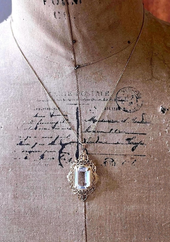 Pristine Edwardian Revival Gold filled Filigree faceted Diamond Paste Stone accented hallmarked Lavaliere Necklace