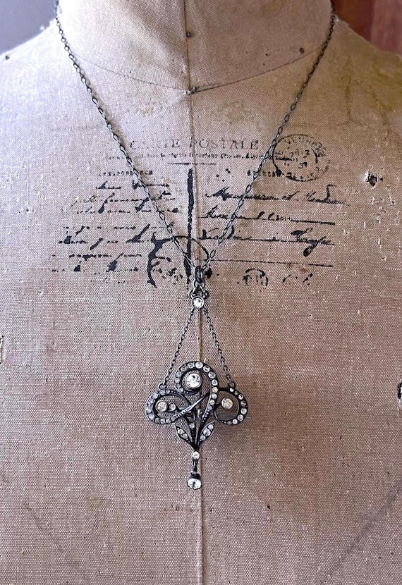 Antique Edwardian Belle Epoque Sterling Silver Paste Stone Lavaliere Necklace