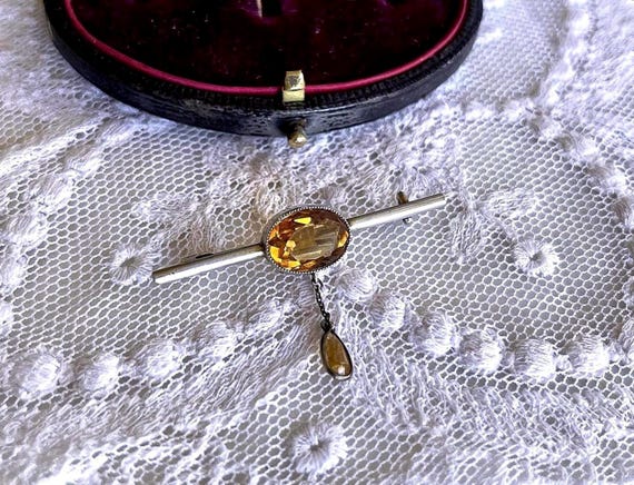 Antique Victorian Aesthetic Gold filled genuine Yellow Topaz accented C clasp dangle Brooch