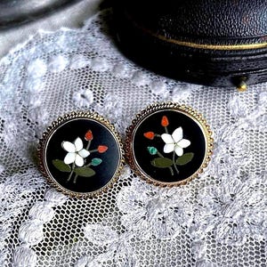 Rare antique Victorian 9K 375 Yellow Gold Pietra Dura Florentine Italy Floral Motif Mosaic pierced Earrings