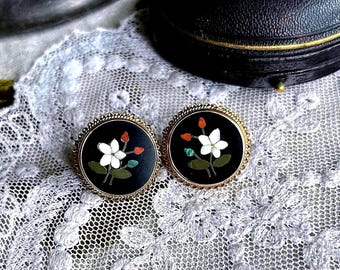 Victorian Pietra Dura Earrings: 9K Gold Floral Mosaic, Italy