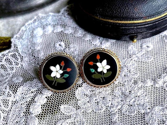 Rare antique Victorian 9K 375 Yellow Gold Pietra Dura Florentine Italy Floral Motif Mosaic pierced Earrings