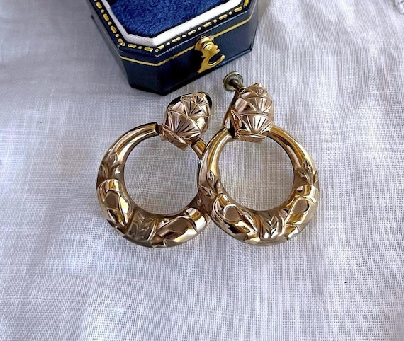 Vintage Art Deco 10K Gold Filled Hoop Earrings: 1930s Screw Back Dangle