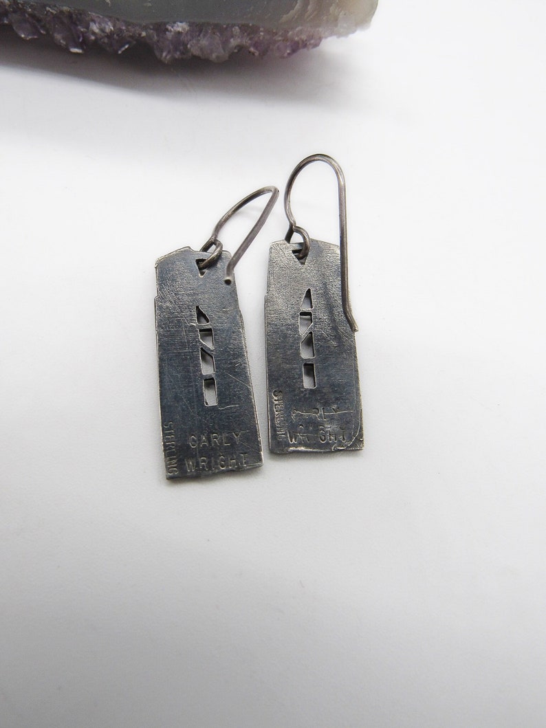 Artisan Carly Wright vintage Modernist Champleve Enamel Sterling Silver Church Window signed dangle earrings