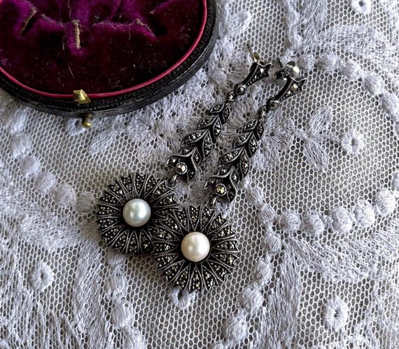 Vintage Art Deco Sterling genuine Cultured Pearl Marcasite accented  pierced Drop Earrings