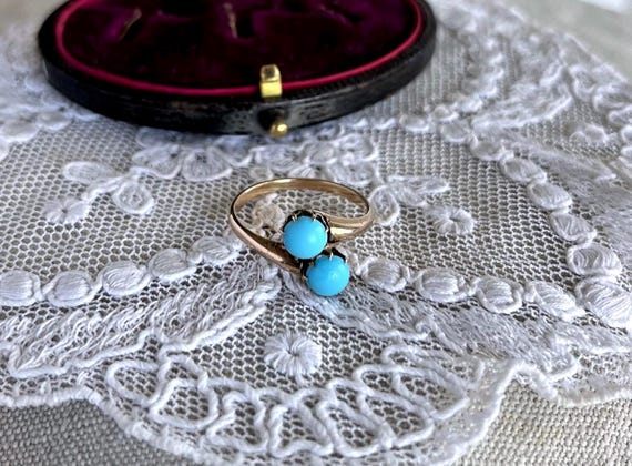 Antique Victorian 10K Gold Turquoise Glass Ring - Size 6 Heirloom