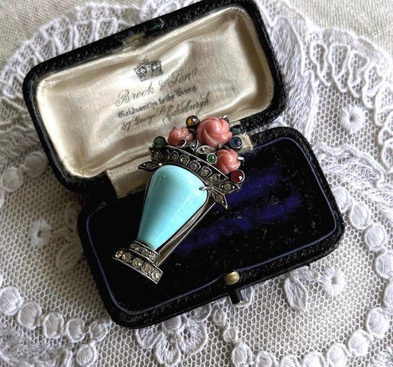 Unique antique Victorian Aesthetic Sterling Silver Robins Egg Blue and Coral Czech Glass Paste Stone accented Floral Bouquet Fur Clip