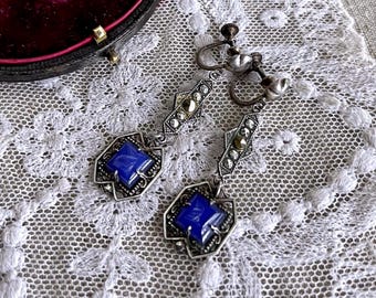 Edwardian Sterling Silver Blue Chalcedony Marcasite Drop Earrings