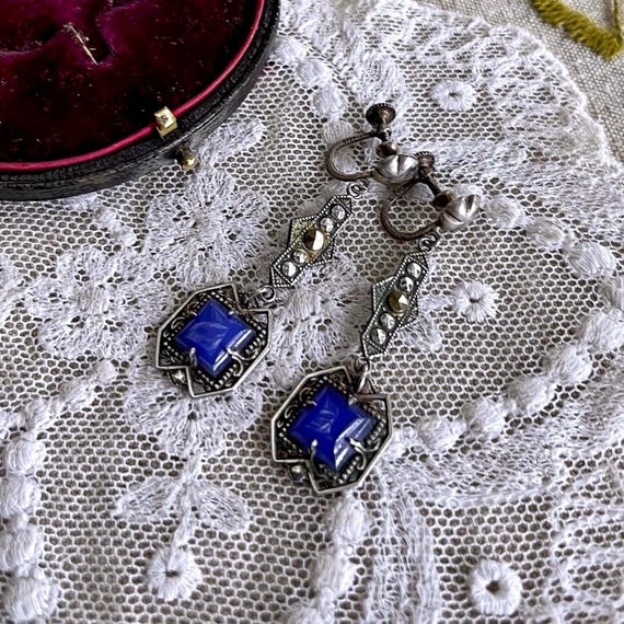 Edwardian Sterling Silver Blue Chalcedony Marcasite Drop Earrings