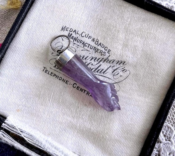 Antique Victorian 900 Silver genuine carved Amethyst Figa hand amulet Pendant