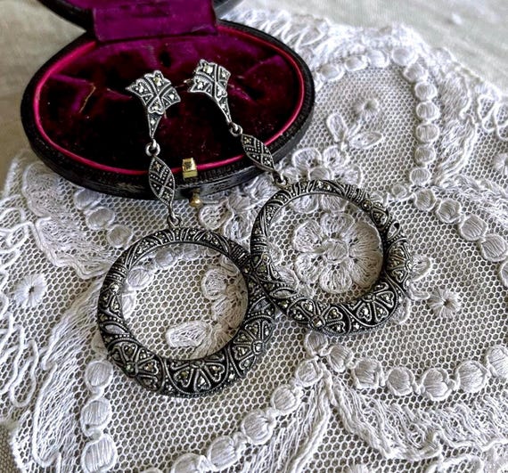 Spectacular vintage Art Deco Revival Sterling Silver faceted Marcasite accented ornate hallmarked pierced Circle Drop Earrings