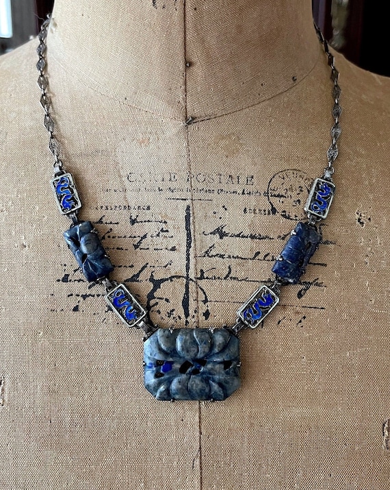 Stunning antique Chinese Export Arts and Crafts Sterling Silver ornate carved Sodalite stones cobalt blue enamel Rare stamped Necklace