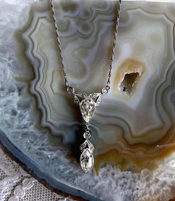 Dazzling vintage Art Deco 1920s-30s Sterling Silver brilliant faceted Paste Stone accented beautiful stamped Lavaliere Necklace