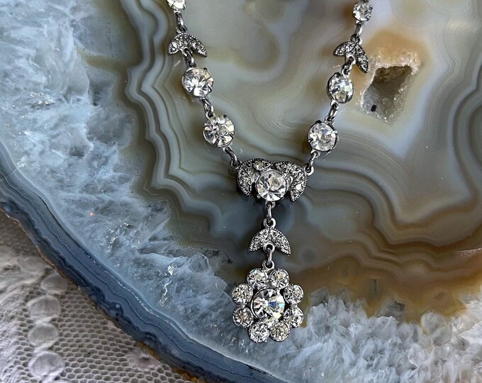 1930s Art Deco vintage Sterling Silver brilliant sparkling faceted Diamond Paste Stone accented stamped Lavaliere Negligée Necklace
