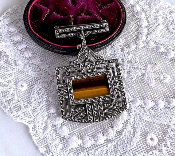 1930s Art Deco Sterling Silver Tigers Eye Marcasite Dangle Brooch