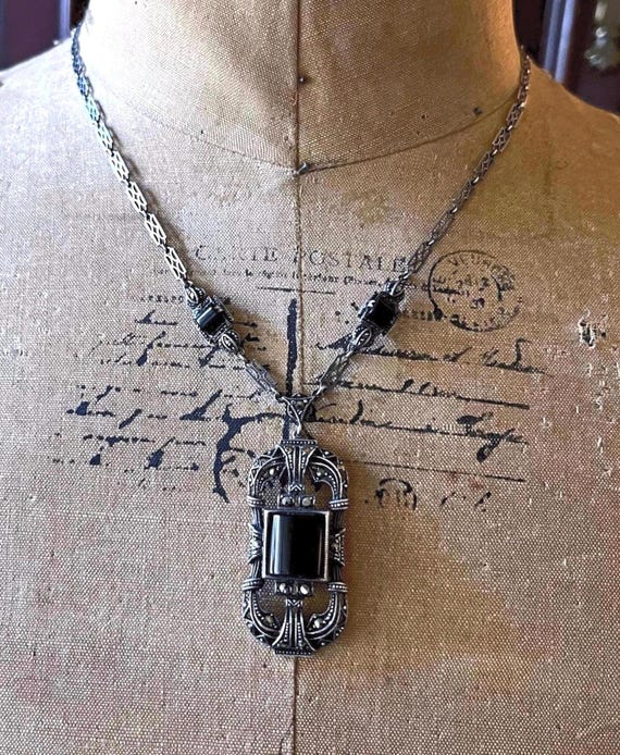 Regal vintage Germany Art Deco Era Sterling Silver genuine faceted Onyx gemstone brilliant Marcasite accented hallmarked Lavaliere Necklace