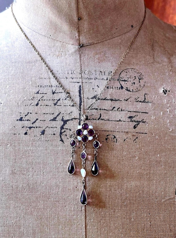 Exquisite Edwardian 1910s Gold Filled genuine Freshwater Pearl faceted Amethyst Paste Stoneaccented Pendant Necklace