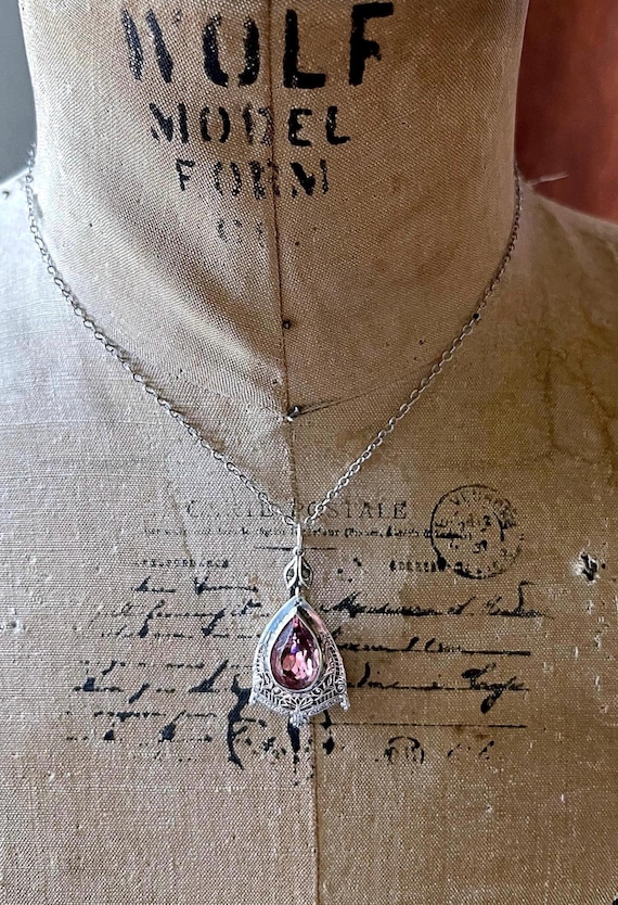 Edwardian Sterling Silver Filigree Pendant Necklace: Rose Pink Paste Stone