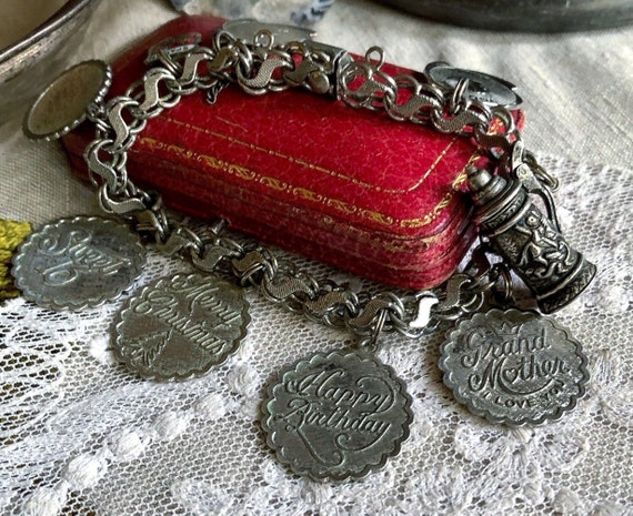 Gorgeous vintage Mid Century Sterling Silver inscribed heavy stamped Memory Charm Bracelet