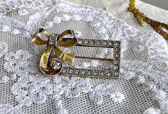 Smart vintage 1940s Art Deco Sterling Silver Gold Filled brilliant faceted Paste Stone accented sophisticated Bow Motif Statement Brooch