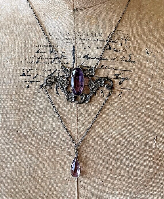 Fabulous pristine antique Victorian Aesthetic guilted brass brilliant faceted Amethyst Purple Paste Stone accented Festoon Swag Necklace