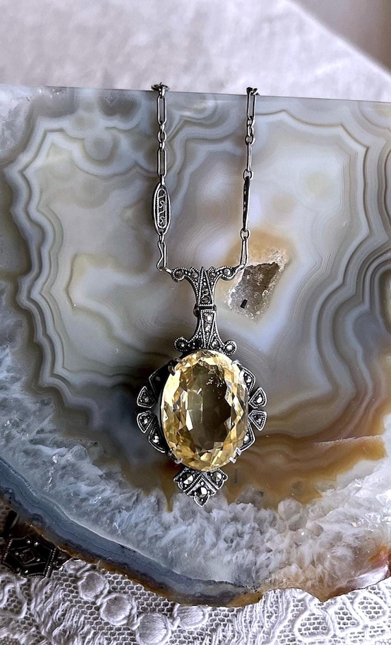 Antique Edwardian Belle Époque Sterling Silver genuine faceted Citrine gemstone fine hallmarked Lavaliere Necklace