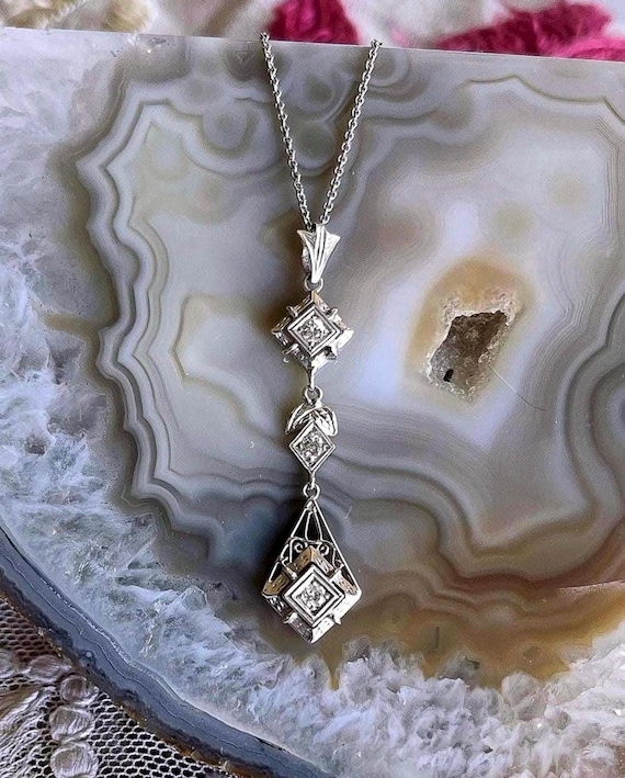 Vintage Edwardian Revival 18K White Gold genuine faceted Diamond accented fine hallmarked Pendant Necklace