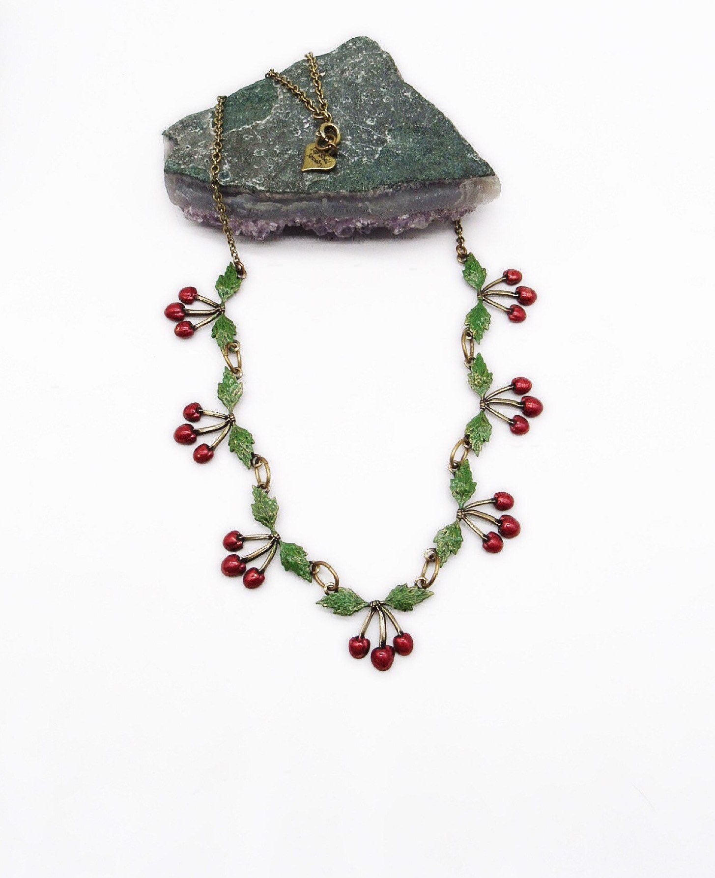 Vintage Top Shelf retro antiqued brass brilliant red and green Cherry