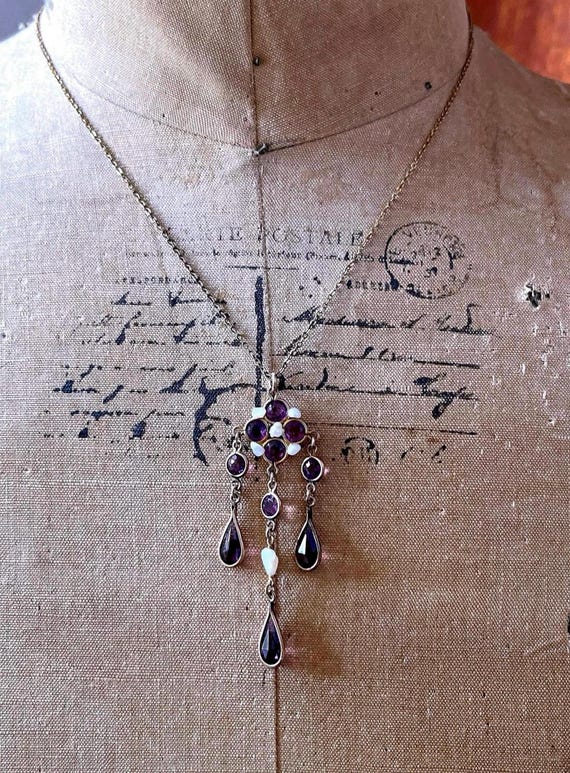 Exquisite Edwardian 1910s Gold Filled genuine Freshwater Pearl faceted Amethyst Paste Stoneaccented Pendant Necklace