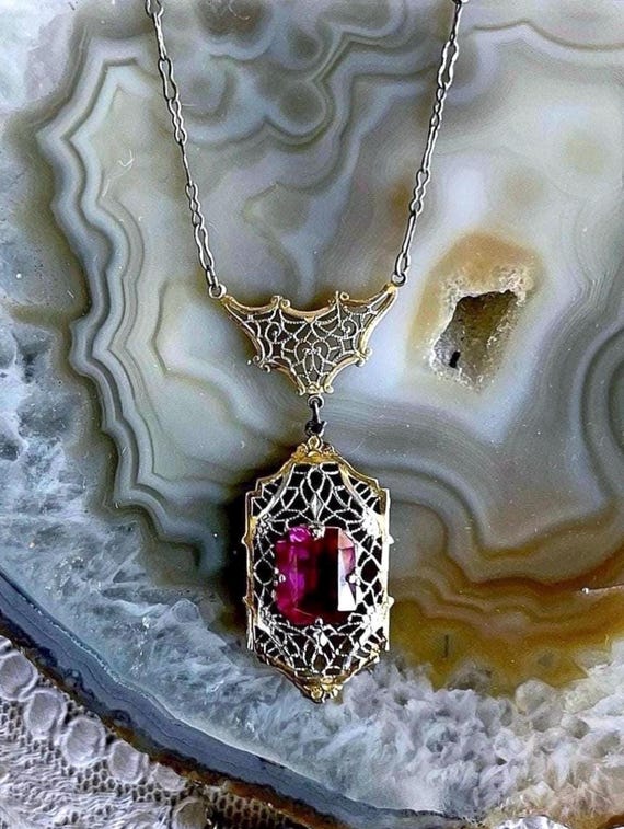 Delicate antique Edwardian Gold Rolled Rhodium Plated filigree brilliant faceted Ruby Red Paste Stone accented exquisite Lavaliere Necklace
