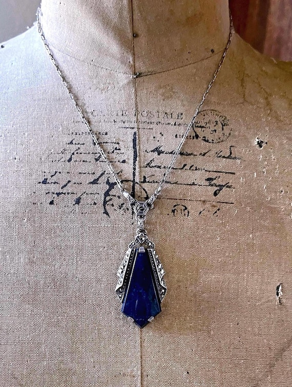 Gorgeous antique Art Deco Sterling Silver genuine Lapis Lazuli faceted Marcasite accented hallmarked Lavaliere Necklace