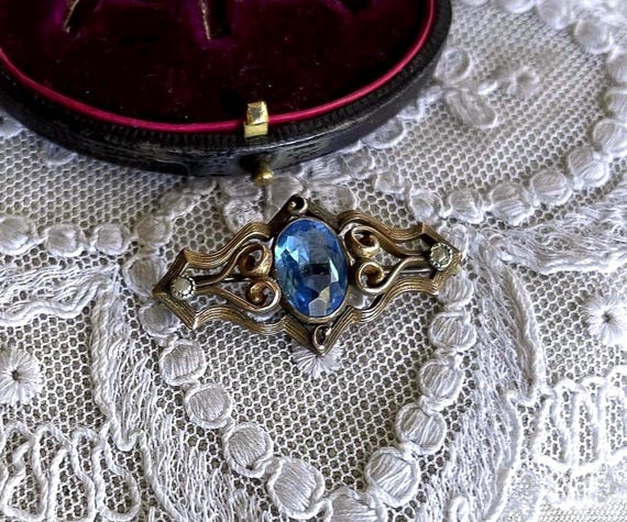 Edwardian Gold Filled Brooch: Blue Paste Stone & Seed Pearl Lapel Pin