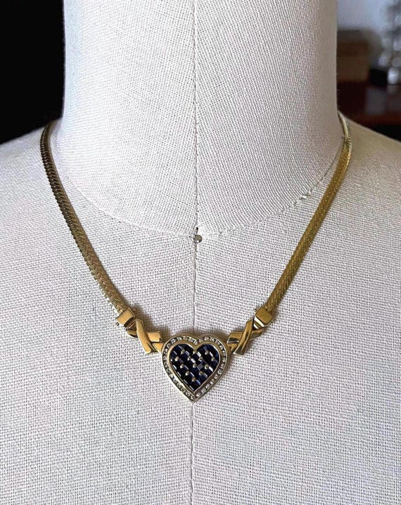 Vintage 14K Faceted Sapphire Baguette Diamond accented Heart signed Herringbone Necklace