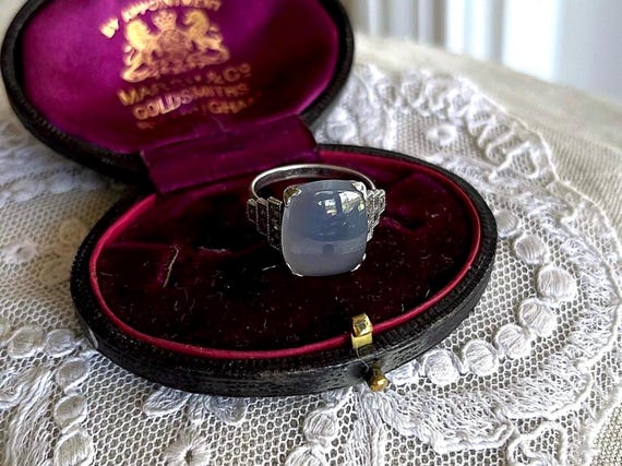 Luminous vintage 1930s Art Deco Sterling Silver genuine Blue Chalcedony brilliant Marcasite accented hallmarked size 7 Cocktail Ring