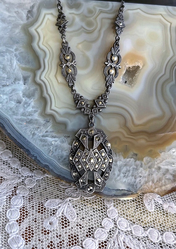 Antique Art Deco Sterling Silver brilliant faceted Marcasite accented beautiful hallmarked Lavaliere Necklace