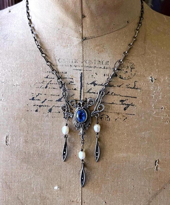 Captivating Bohemian Astro Hungarian Art Nouveau Sterling Silver faceted Sapphire Blue Paste Stone genuine Pearl accented lavaliere Necklace