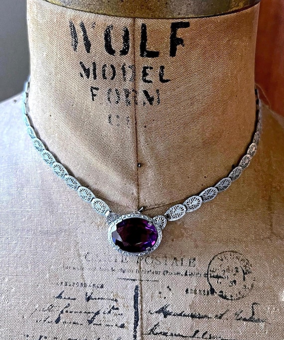 Pristine antique Edwardian Belle Époque Rhodium Plated Filigree faceted Amethyst Paste Stone accented Heirloom Choker Necklace