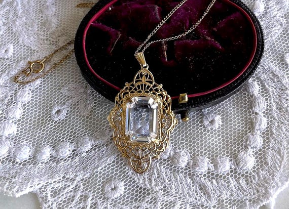 Pristine Edwardian Revival Gold filled Filigree faceted Diamond Paste Stone accented hallmarked Lavaliere Necklace