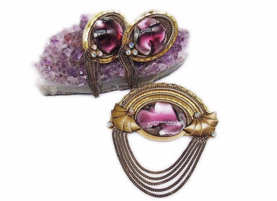 Vintage Art Deco Style Yellow Gold Tone Faux Amethyst Rhinestone Glass Stone Clip On Earrings Jewelry   K#30