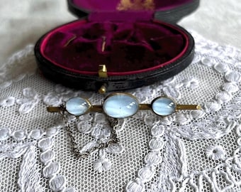 Luminous antique Gold Pinchbeck genuine White Milky Moonstone accented beautiful C Clasp Lapel Bar Brooch